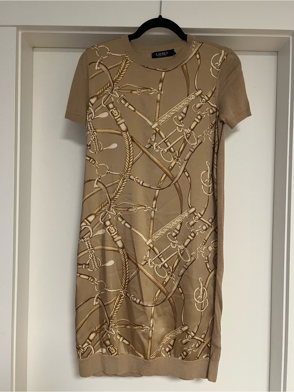 Lauren Ralph Lauren Tan Knit Short-Sleeve Dress with Equestrian Rope & Bit Print